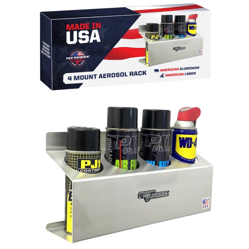 Pit Posse 303 Four Bottle Aerosol Spray Can Rack Shelf Holder 15.5" Caddy - Made in USA - Aluminum Enclosed Trailer Shop Garage Storage Organizer - Mounting Hardware Included (Silver) - Image 1
